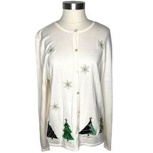Croft & Barrow Christmas Tree Cardigan Women's Size Large Ivory Cream